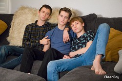 Bare twinks Caleb Gray, Chase Williams, and Trevor Harris enjoy threesome sex photo 1